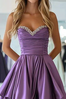 Plum Taffeta Sweetheart A Line Pleated Long Prom Dress