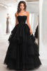 Load image into Gallery viewer, Princess Black Strapless Tulle Tiered Ruched Long Prom Dress