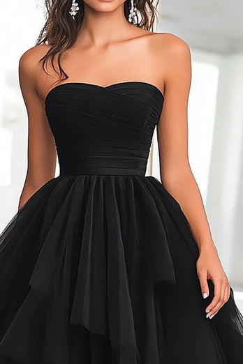 Princess Black Strapless Tulle Tiered Ruched Long Prom Dress