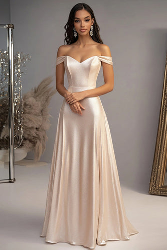 Elegant Champagne A Line Off the Shoulder Satin Long Prom Dress