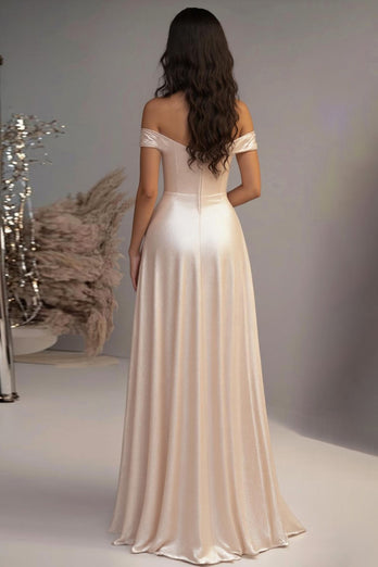 Elegant Champagne A Line Off the Shoulder Satin Long Prom Dress