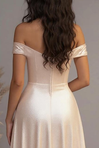 Elegant Champagne A Line Off the Shoulder Satin Long Prom Dress