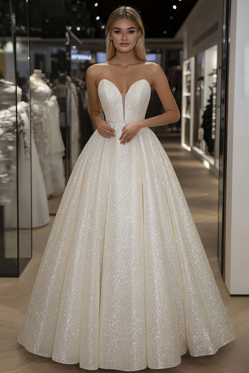 Load image into Gallery viewer, Sparkly Ivory A Line Sweetheart Long Prom Dress