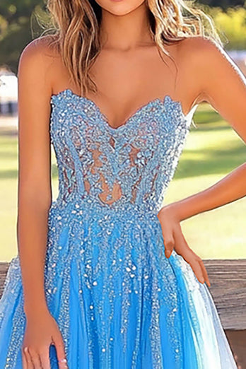 Blue A Line Sweetheart Tulle Long Prom Dress with Appliques