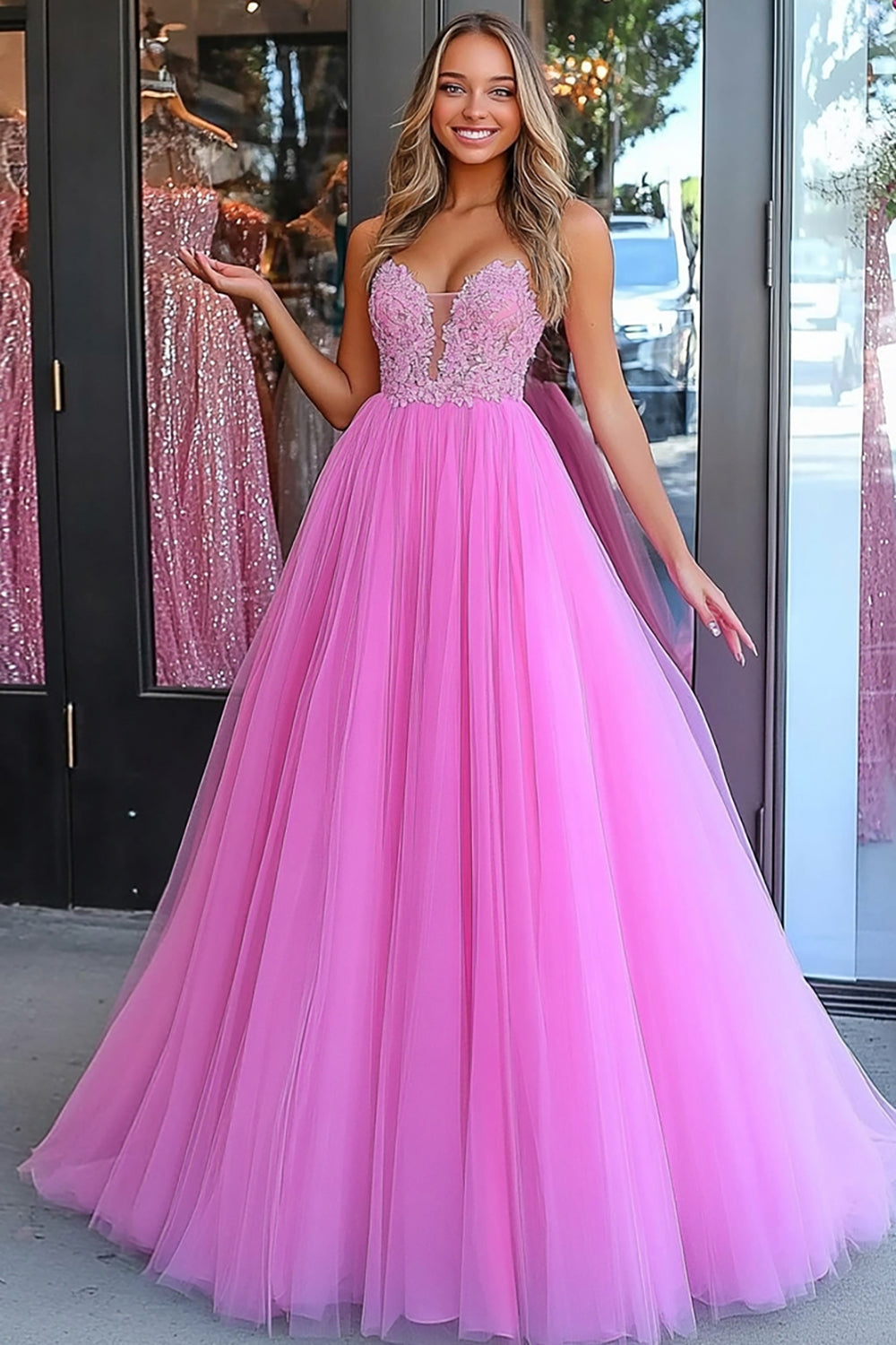 Princess Pink A Line Tulle Prom Dress with Appliques