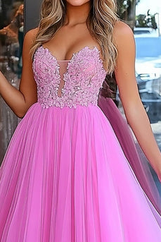 Princess Pink A Line Tulle Prom Dress with Appliques