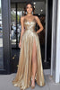 Load image into Gallery viewer, Gold Spaghetti Straps A-Line Metallic Long Prom Dress with High Slit