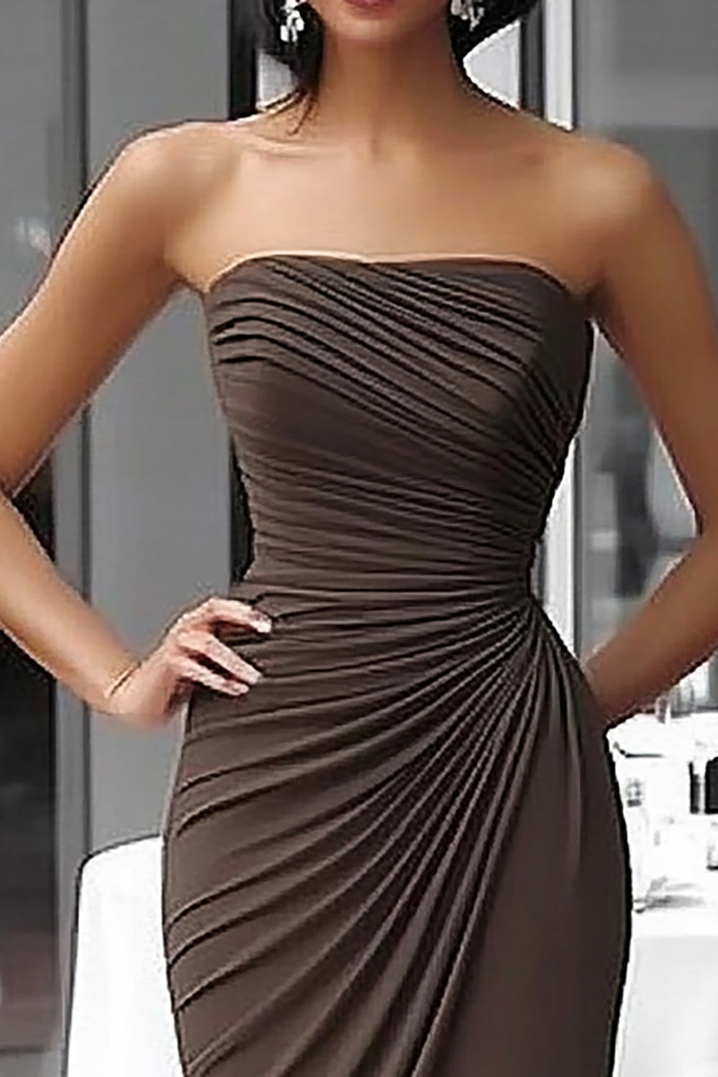 Load image into Gallery viewer, Coffee Jersey Sheath Strapless Ruched Gala Dress