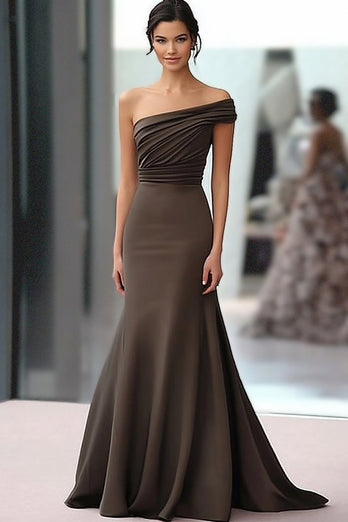 One Shoulder Coffee Crepe Sheath Ruched Gala Dress