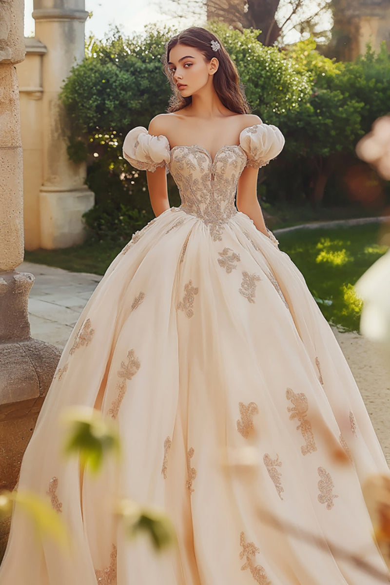 Load image into Gallery viewer, Princess Blush Ball Gown Off the Shoulder Tulle Quinceanera Dress with Appliques