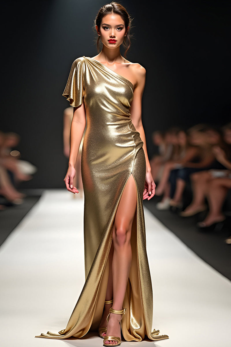 Load image into Gallery viewer, Golden Sheath One Shoulder Flutter Sleeve Gala Dress with Slit