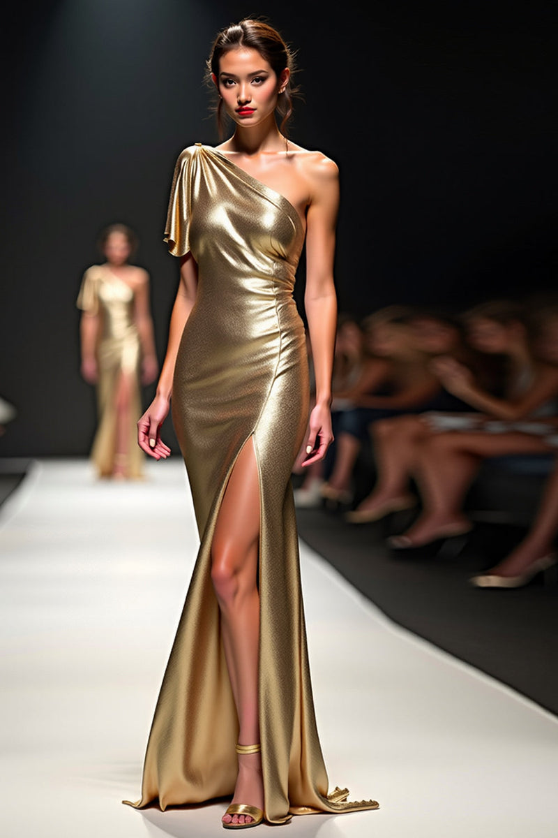 Load image into Gallery viewer, Golden Sheath One Shoulder Flutter Sleeve Gala Dress with Slit