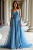 Load image into Gallery viewer, Blue Organza Spaghetti Straps A Line Ruched Prom Dress