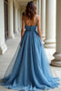 Load image into Gallery viewer, Blue Organza Spaghetti Straps A Line Ruched Prom Dress