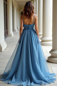 Blue Organza Spaghetti Straps A Line Ruched Prom Dress