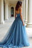 Load image into Gallery viewer, Blue Organza Spaghetti Straps A Line Ruched Prom Dress