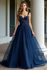 Load image into Gallery viewer, Navy Spaghetti Straps A Line Lace Long Prom Dress