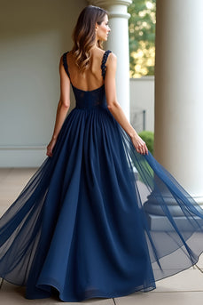 Navy Spaghetti Straps A Line Lace Long Prom Dress