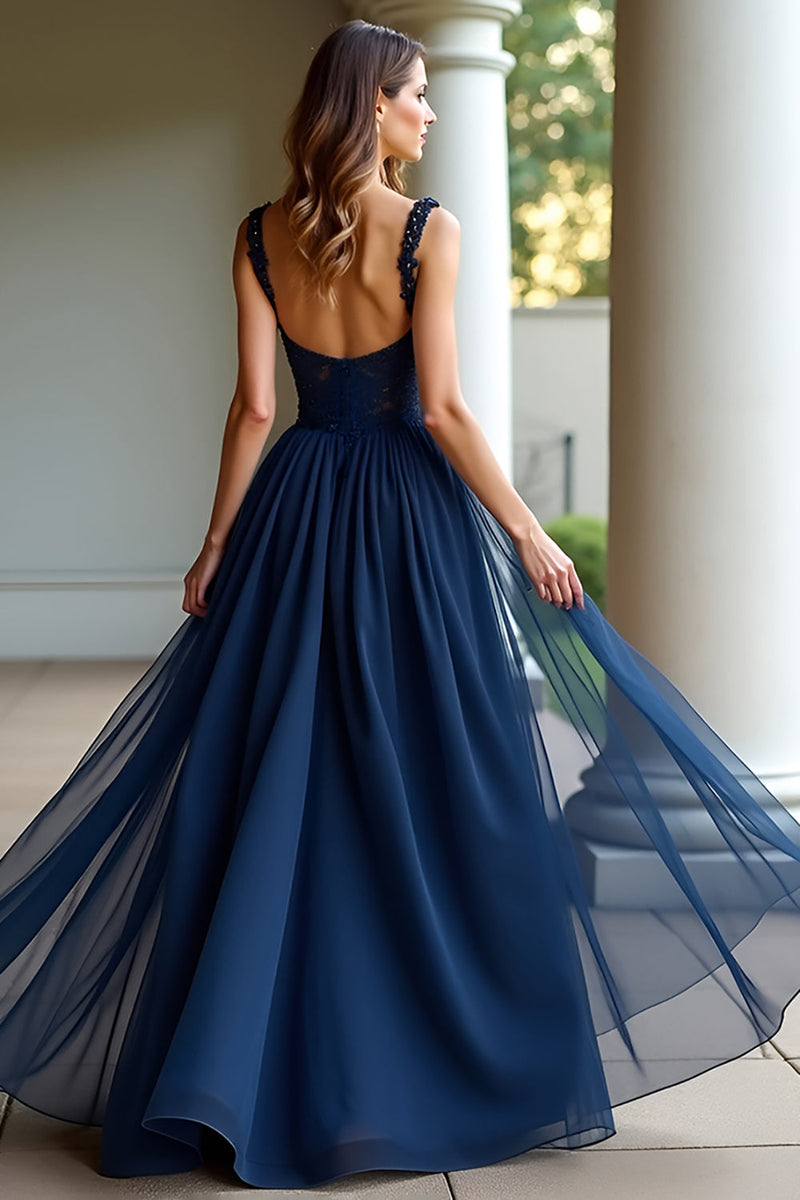 Load image into Gallery viewer, Navy Spaghetti Straps A Line Lace Long Prom Dress