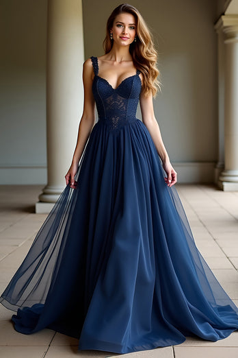 Navy Spaghetti Straps A Line Lace Long Prom Dress