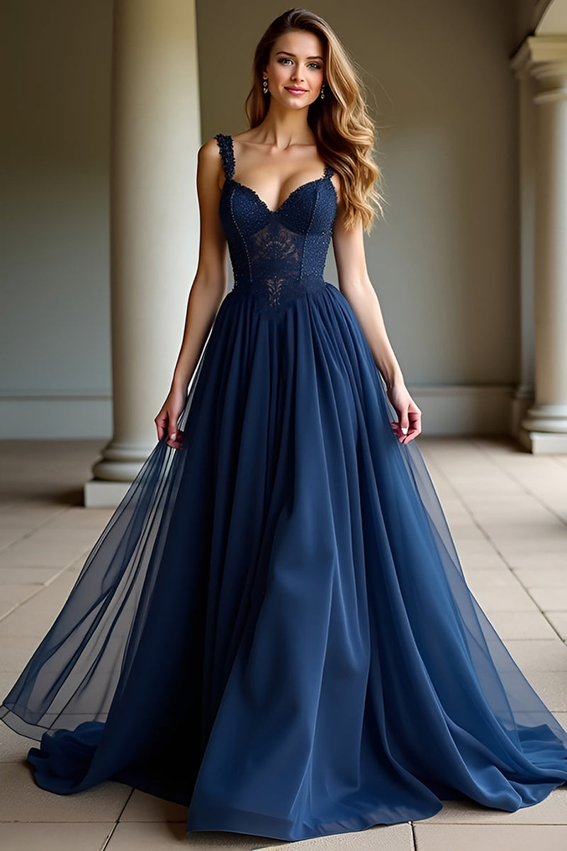 Load image into Gallery viewer, Navy Spaghetti Straps A Line Lace Long Prom Dress