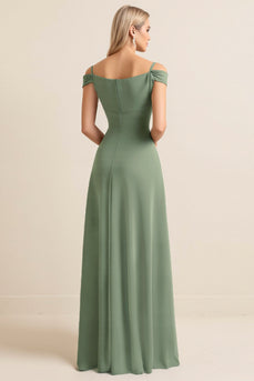 Cold Shoulder Eucalyptus Sheath Ruched Long Bridesmaid Dress with Slit