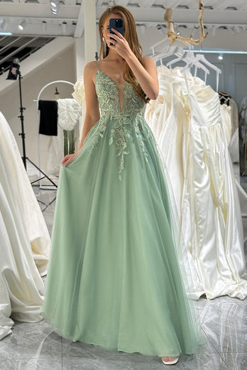 Green A Line Spaghetti Straps Tulle Long Prom Dress with Appliques