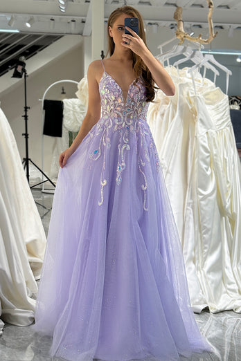 Lilac A Line Spaghetti Straps Tulle Long Prom Dress with Sequins