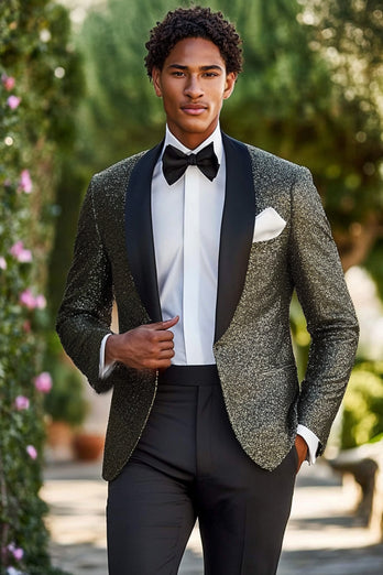 Sparkly Sequins Shawl Lapel Black 2 Pieces Men Prom Suits with One Button