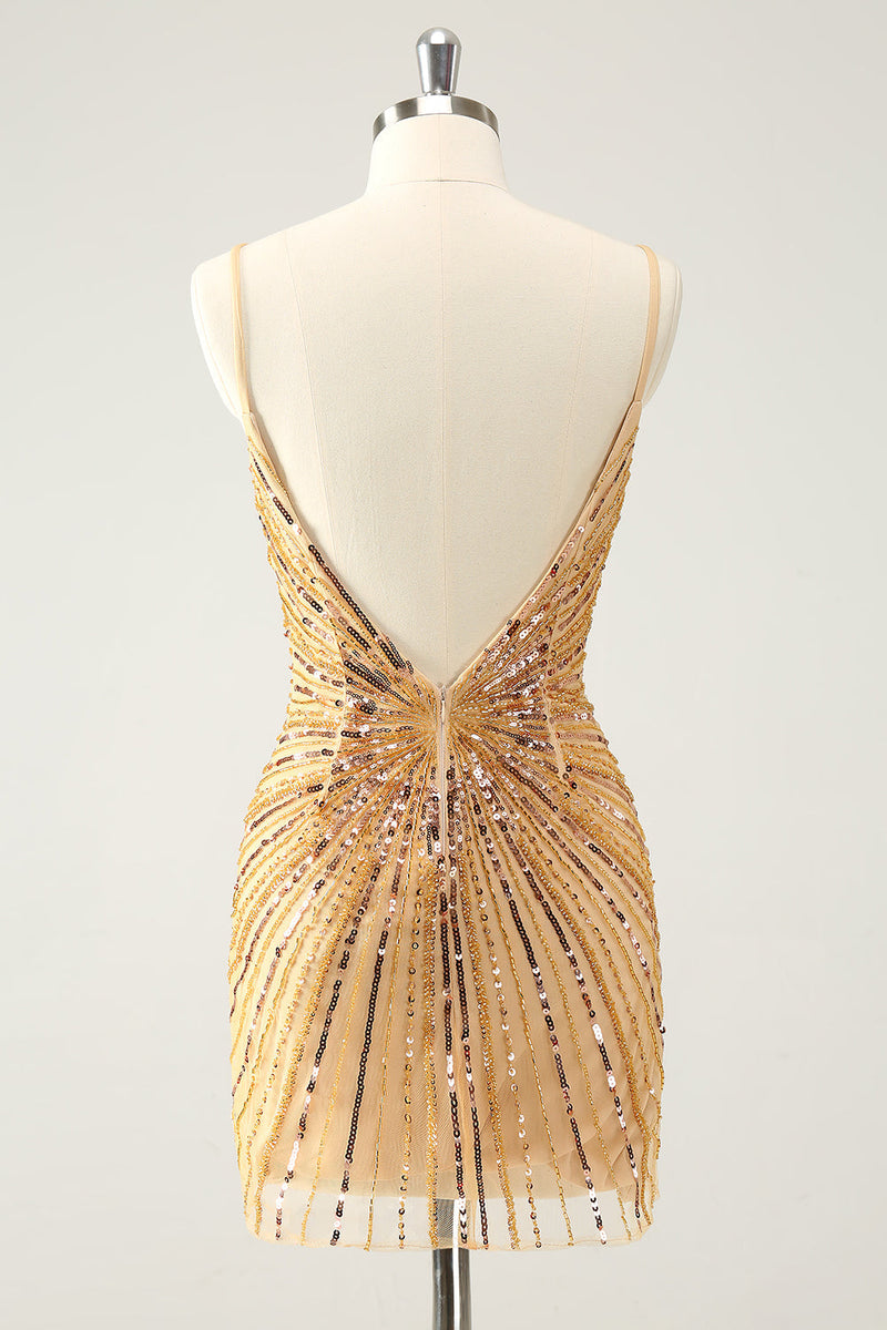 Load image into Gallery viewer, Golden Bodycon Spaghetti Straps Graduation Dress with Sequins