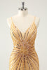 Load image into Gallery viewer, Golden Bodycon Spaghetti Straps Graduation Dress with Sequins