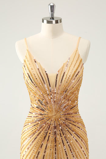 Golden Bodycon Spaghetti Straps Graduation Dress with Sequins