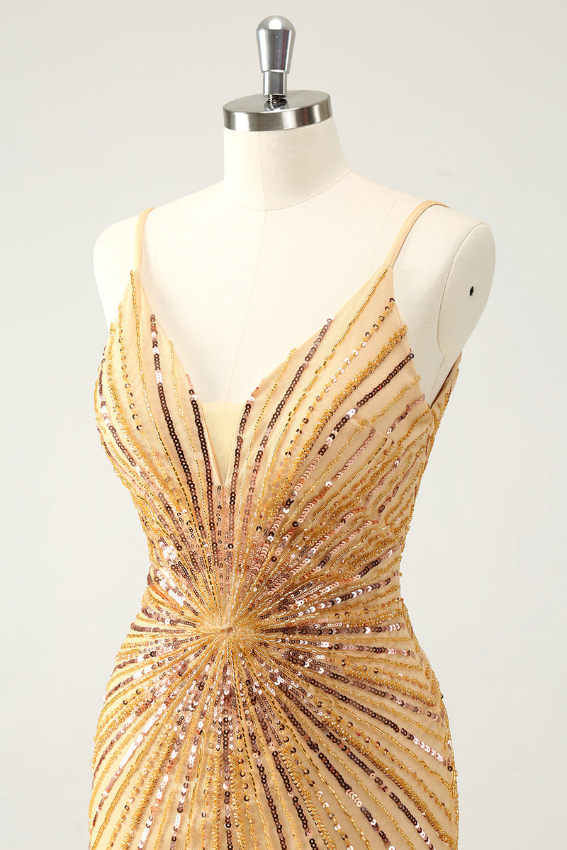 Load image into Gallery viewer, Golden Bodycon Spaghetti Straps Graduation Dress with Sequins