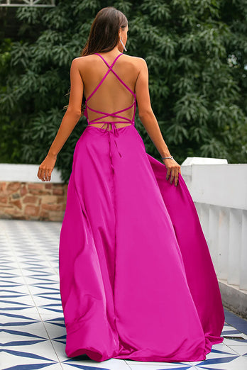 Royal Blue Backless Satin Prom Dress with Slit