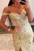 Load image into Gallery viewer, Sparkly Golden Mermaid Corset Off the Shoulder Sequins Long Prom Dress with Slit