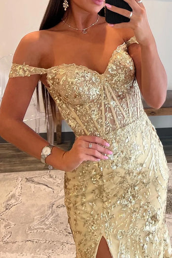 Sparkly Golden Mermaid Corset Off the Shoulder Sequins Long Prom Dress with Slit