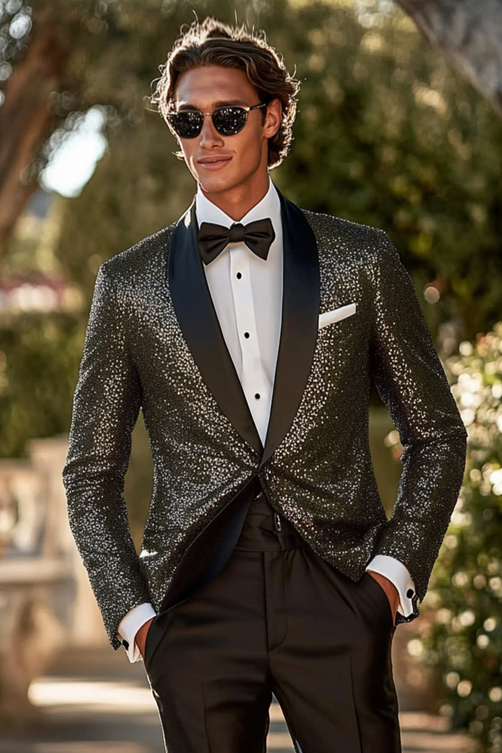 Sparkly Sequins Shawl Lapel Black 2 Pieces Men Prom Suits with One Button