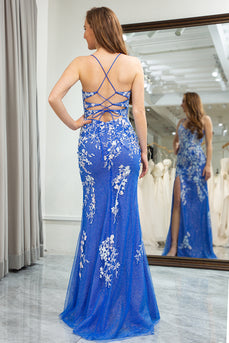 Blue Mermaid Spaghetti Straps Long Prom Dress with Appliques