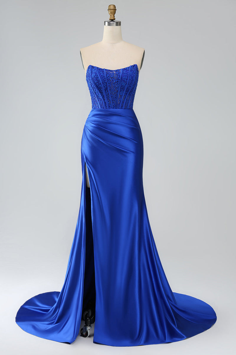 Load image into Gallery viewer, Royal Blue Mermaid Strapless Long Corset Prom Dress with Slit