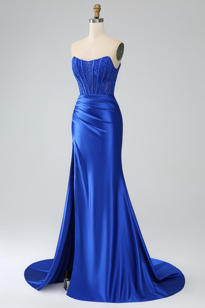 Load image into Gallery viewer, Royal Blue Mermaid Strapless Long Corset Prom Dress with Slit