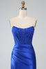 Load image into Gallery viewer, Royal Blue Mermaid Strapless Long Corset Prom Dress with Slit