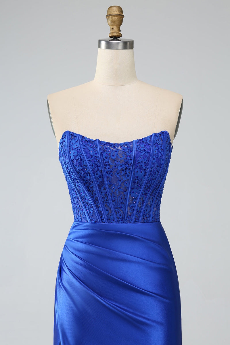 Load image into Gallery viewer, Royal Blue Mermaid Strapless Long Corset Prom Dress with Slit