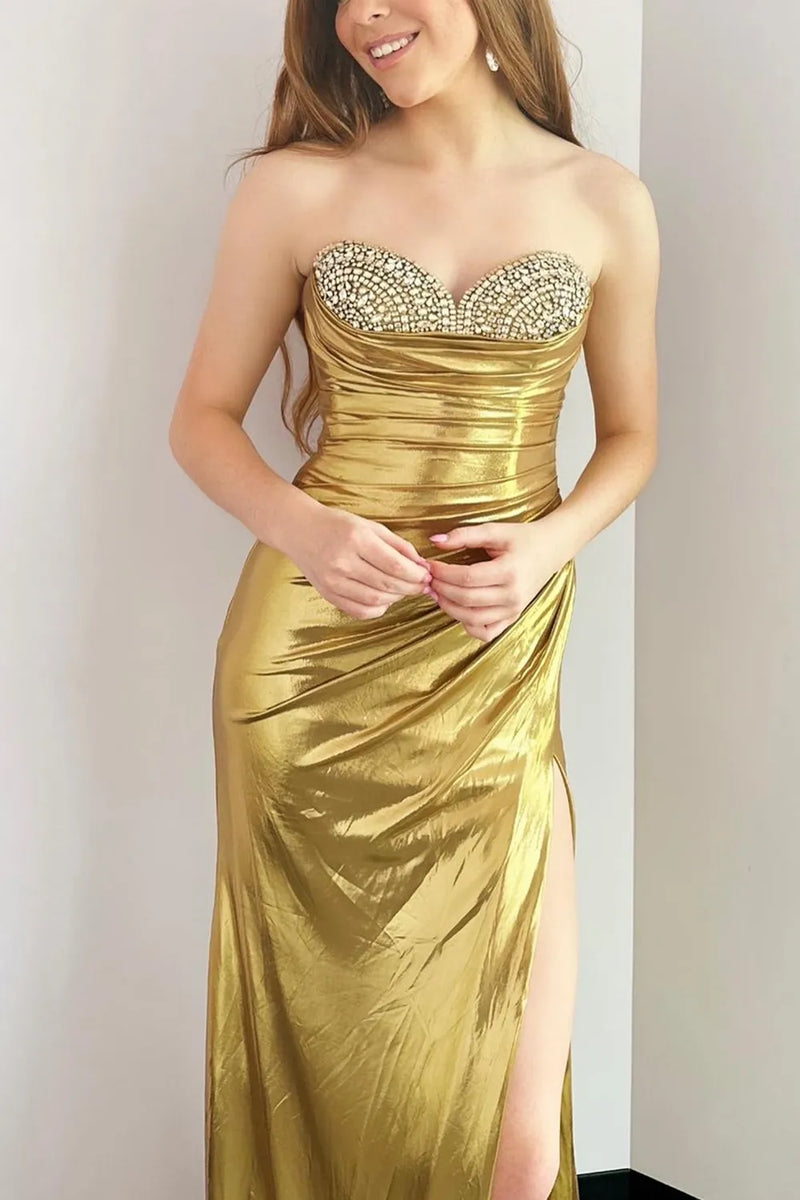 Load image into Gallery viewer, Silver Metallic Strapless Beaded Mermaid Long Prom Dress with Slit