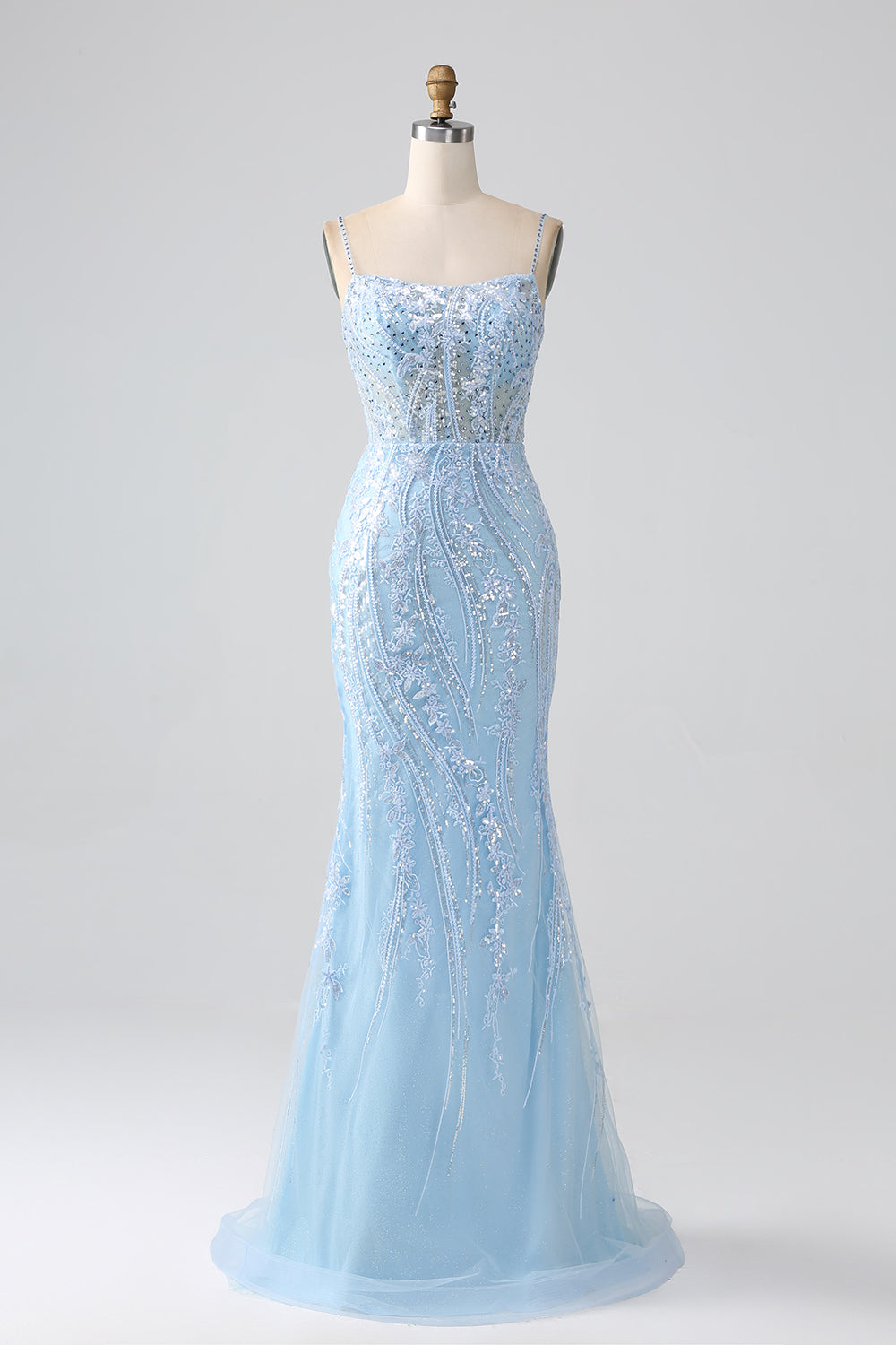 Sky Blue Sparkly Mermaid Corset Prom Dress with Sequins