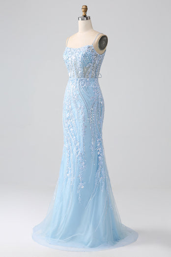 Sky Blue Sparkly Mermaid Corset Prom Dress with Sequins