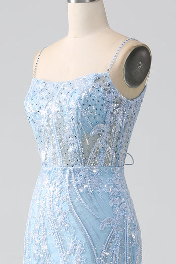 Sky Blue Sparkly Mermaid Corset Prom Dress with Sequins