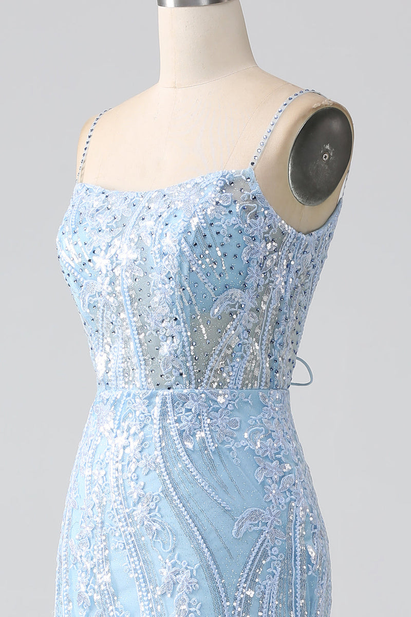 Load image into Gallery viewer, Sky Blue Sparkly Mermaid Corset Prom Dress with Sequins