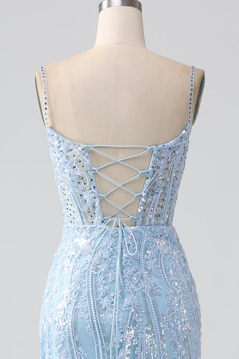 Sky Blue Sparkly Mermaid Corset Prom Dress with Sequins