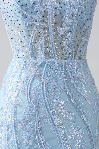 Sky Blue Sparkly Mermaid Corset Prom Dress with Sequins