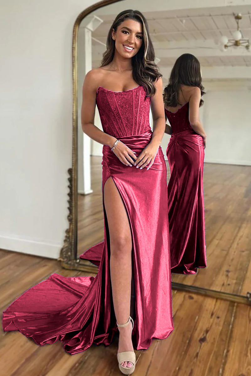 Load image into Gallery viewer, Mermaid Strapless Satin Corset Prom Dress with Slit